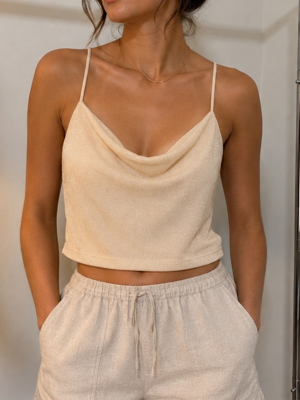 Pull&Bear Beige Cowl Neck Crop Top Cami XS Y2K Minimal Spaghetti Strap